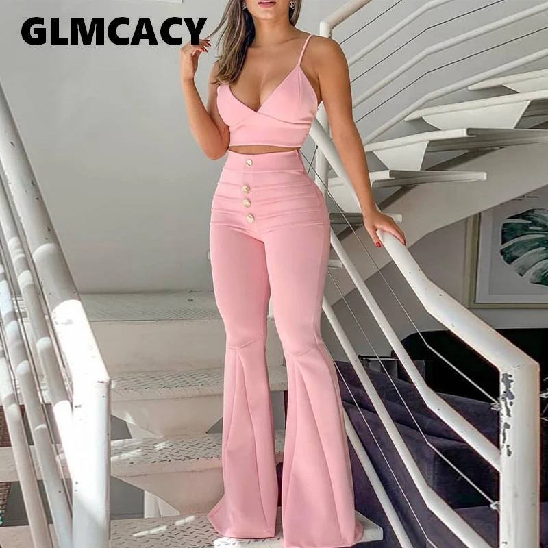 

Women 2 Pieces Outfits Summer Elegant Work Office Spaghetti Strap V-Neck Suit Set Cami Top & Buttoned Bell-Bottom Pants Set