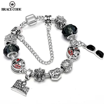 

Black crystal charm bracelet and bracelet with sunglasses and lipstick bead bracelet for women's fashion accessories