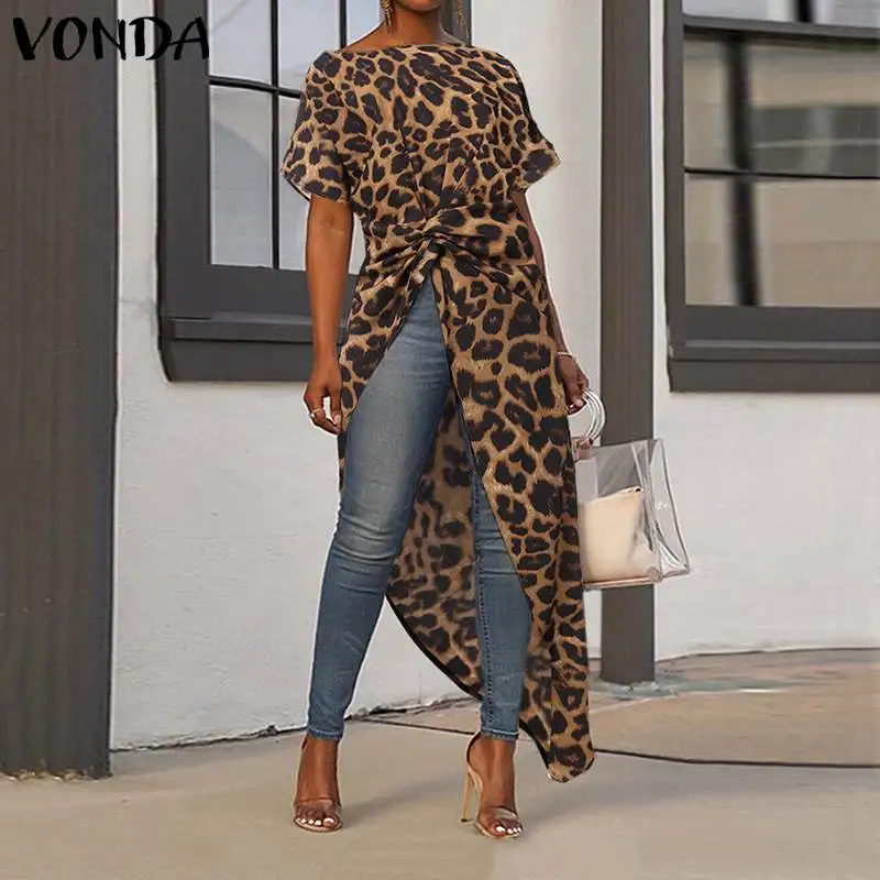 VONDA Women Asymmetrical Blouse Sexy Split Hem Leopard Party Tops Long Ladies Office Shirts 2019 Summer Tunic Plus Size Blusas VONDA Women Asymmetrical Blouse Sexy Split Hem Leopard Party Tops Long Ladies Office Shirts 2019 Summer Tunic Plus Size Blusas