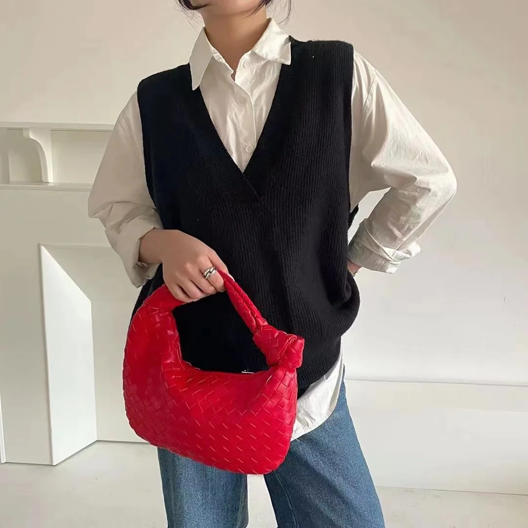 2022 Fashion Handmade Woven Bag Luxury Woven Leather Printed Shoulder Bag Lady Crossbody Hobo PU Knotted Handle Casual Handbag 