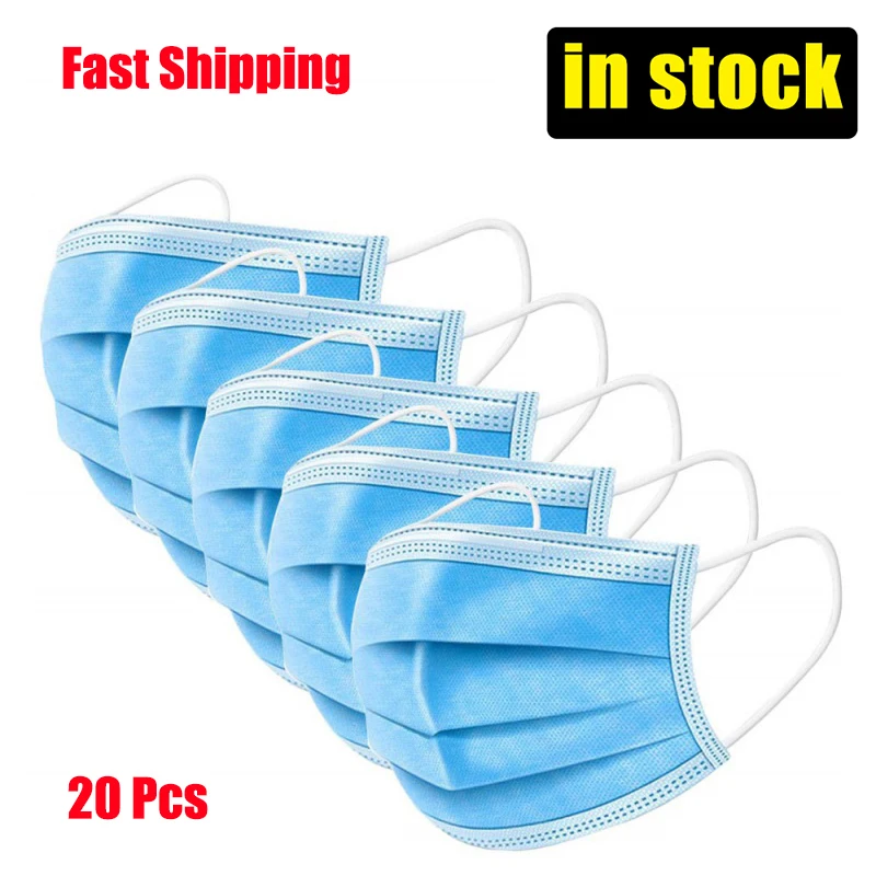 

20Pcs face mask fast shipping 3 Layer filter Disposable mout Masks Anti Dust protection Mask Facial Protective White blue random