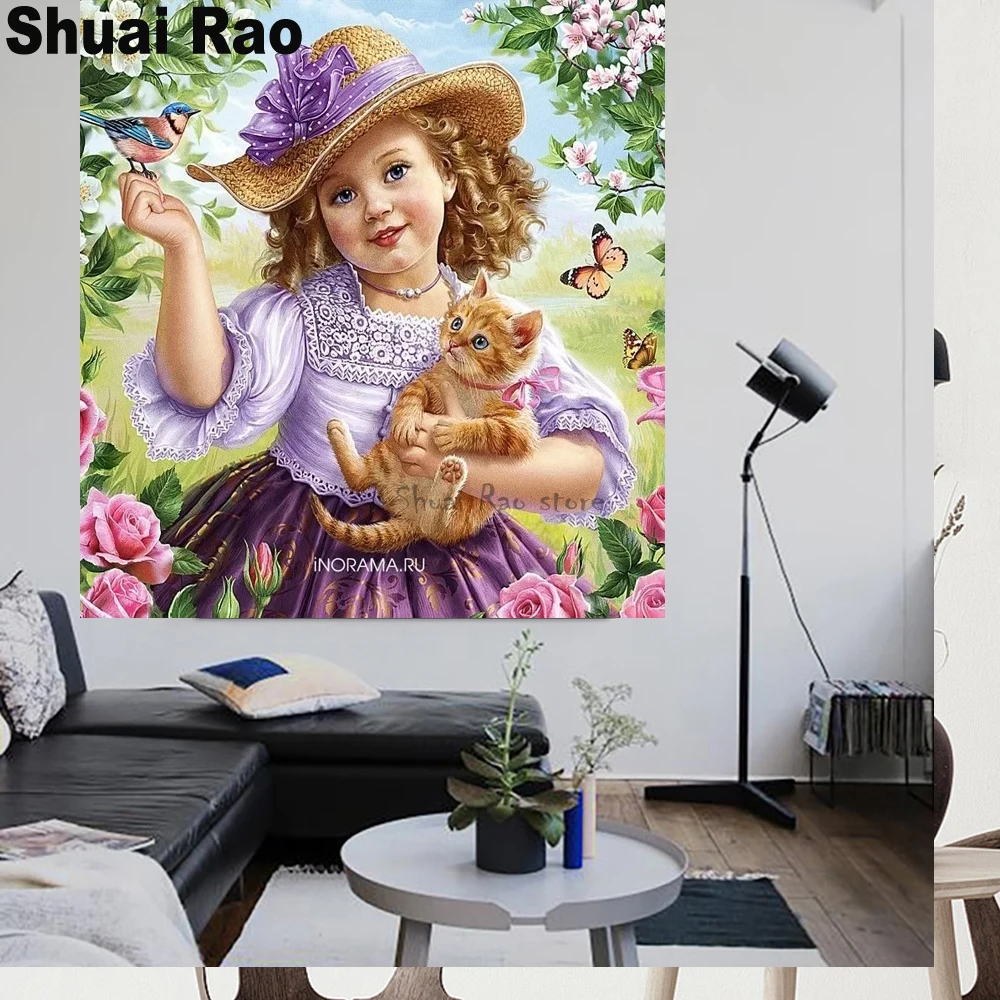 diamond embroidery cat and girl full square drill 5d diy painting cross stitch mosaic garden flower gift | Дом и сад