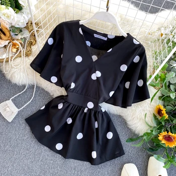 

Autumn WOMEN'S Dress New Style Elegant V-neck Lace-up Waist Hugging Slimming Short Western Style Flounced Sleeves Polka Dot Tops