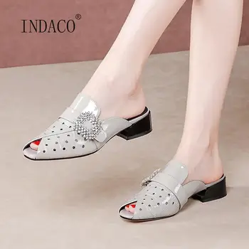 

Women Slippers Patent Leather Fashion Peep Toe Rhinestone Buckle Slides Summer Outside Slippers Thick Heel 3.5cm