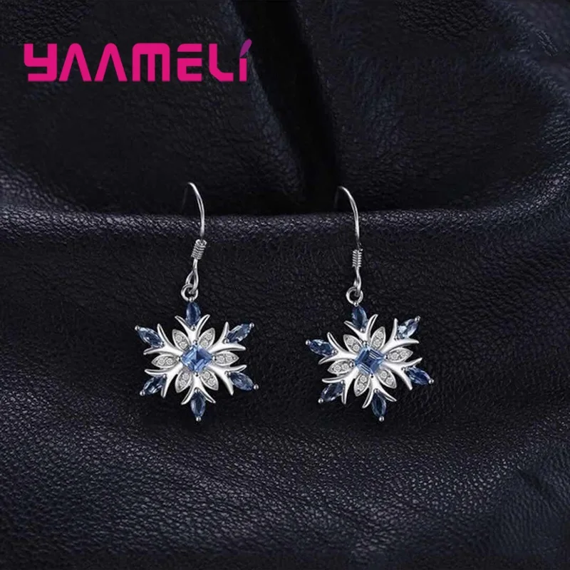 

Winter Sale Woman Earring 925 Silver Needle French Hook Blue Zircon Snowflake Dangler Ear Brincos Pendientes Luxury Jewelry