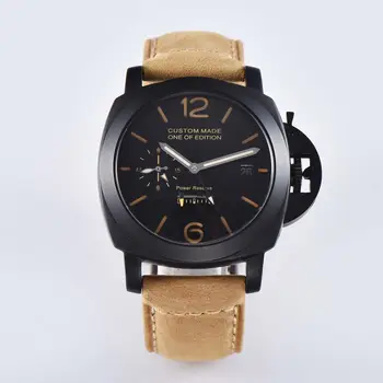 

bomax marina automatic watch military 44mm pvd black case power reserve leather strap T1