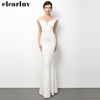 

See-Through Prom Gowns Long Slim Formal Mermaid Dress DX339-1 Plus Size Robe De Soiree 2020 White Elegant Crystal Evening Dress