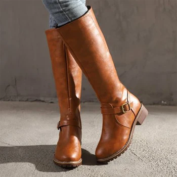 

2020 Women Knight Boots Shoes Fashion Black PU Leather Mid-calf Boots High Heels Female Winter Zipper Buckle Footwear Plus Size