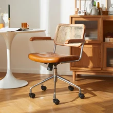 

Rattan computer office chair Japanese retro rotating chair comfortable storage study desk seat breathable armrest rattan chair