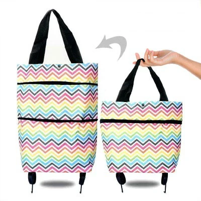 Compact Folding Reusable Shopping Trolley Bag with Wheels - Portable Food and Grocery Organizer