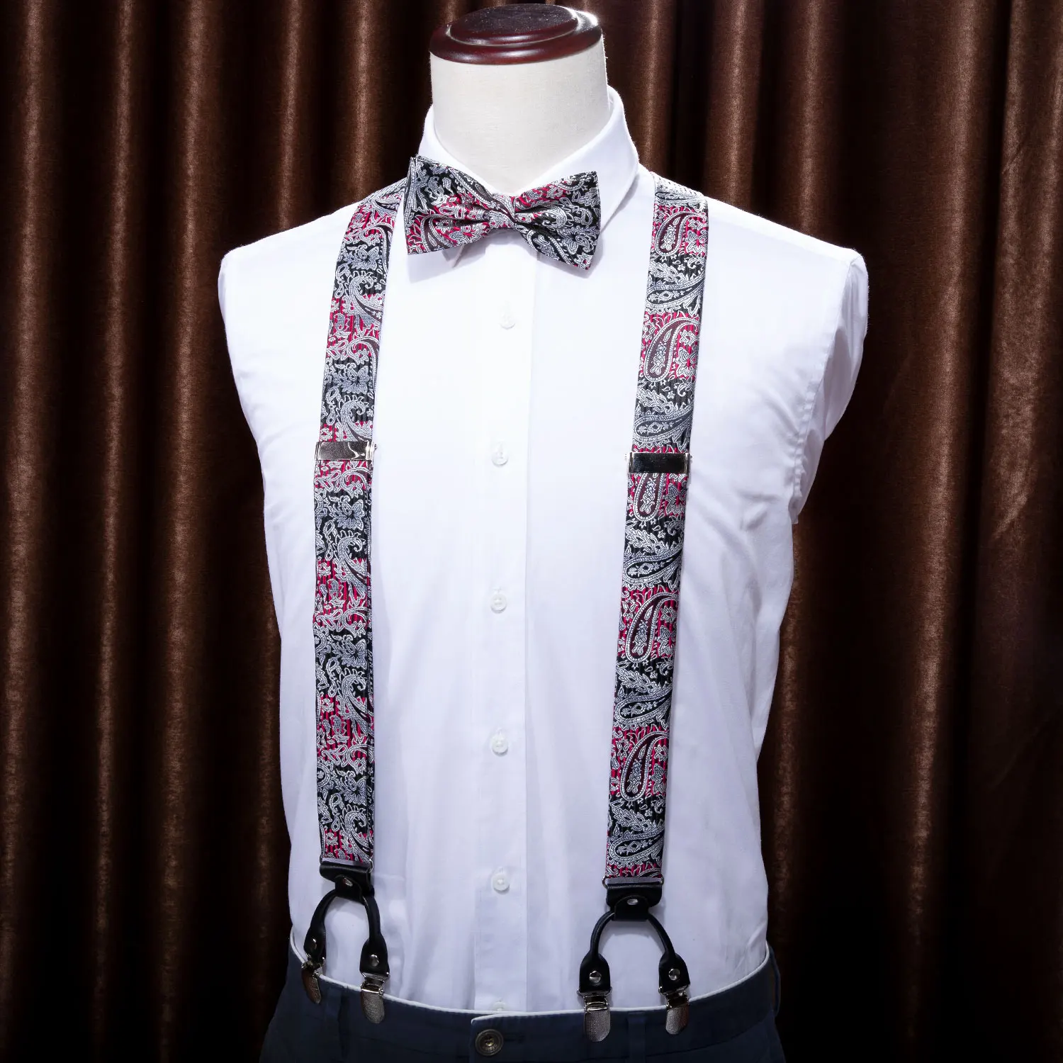 Barry.Wang Men Silk Suspender Set Y-shape Leather Brace 6 Clips Gray Floral Strap Vintage Elastic Suspender with Free Gift Belt