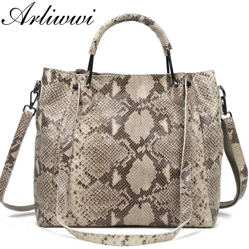 

Arliwwi Women 100% Genuine Cow Leather Quality Tote Handbags Serpentine Pattern Embossed Female Real Leather Messenger Bags New