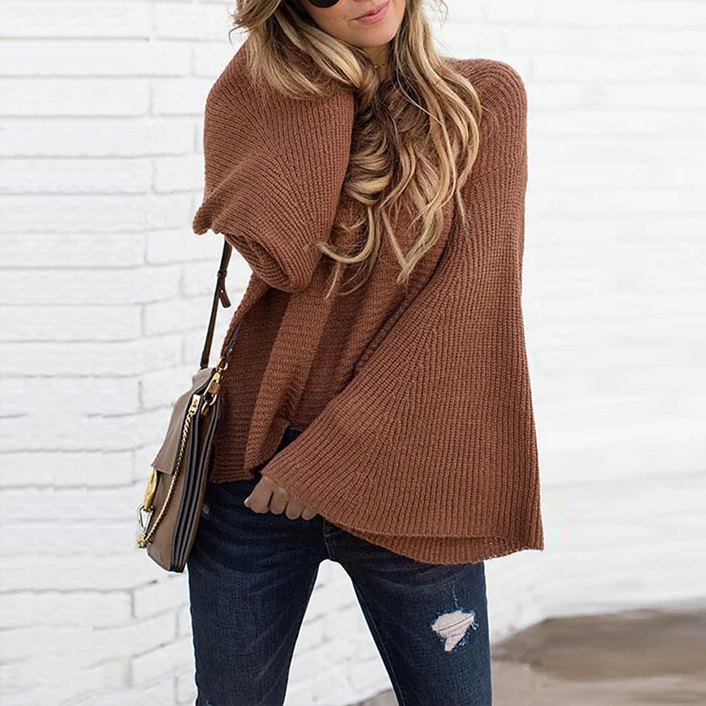 

CALOFE 2019 New Autumn Winter Sweater Women Clothing Flare Sleeve Female Knitted Long Sleeve Solid Tops Blouse Shirt pullovers