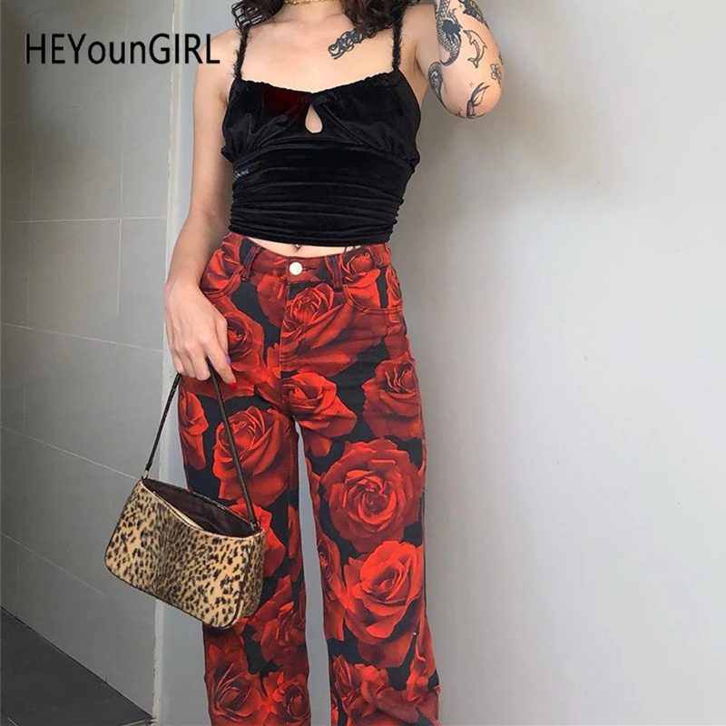 HEYounGIRL, цветочный принт с розами, Харадзюку, штаны с высокой талией, Капри, хип-хоп, свободные женские штаны, повседневные Модные брюки для девушек