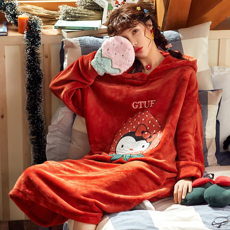 

Nightgown Female Spring Autumn & Winter Coral Velvet Brushed And Thick Red Korean-style Fresh Students Flannel Tracksuit Pajamas