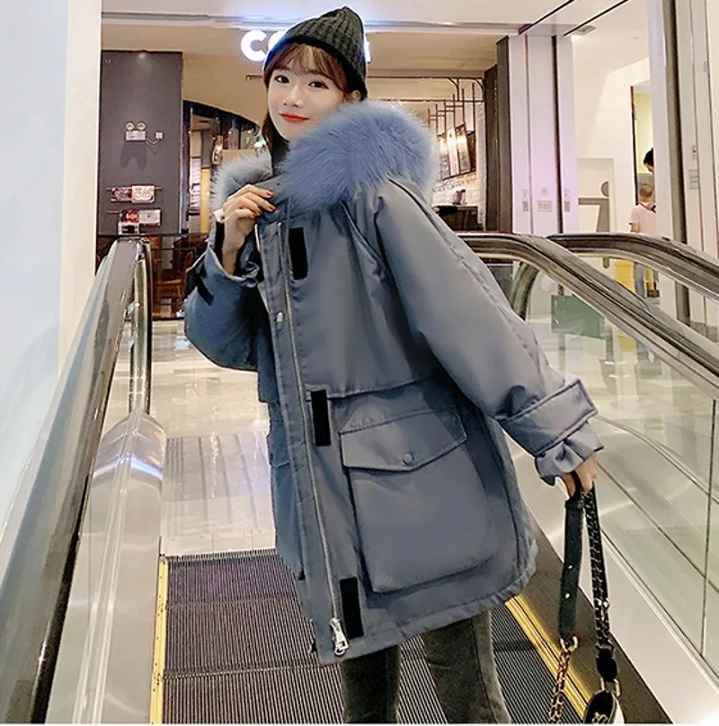 Теплая зимняя женская куртка, модное пуховое хлопковое пальто с капюшоном и меховым воротником, женское корейское однотонное Свободное пальто большого размера - Цвет: as picture