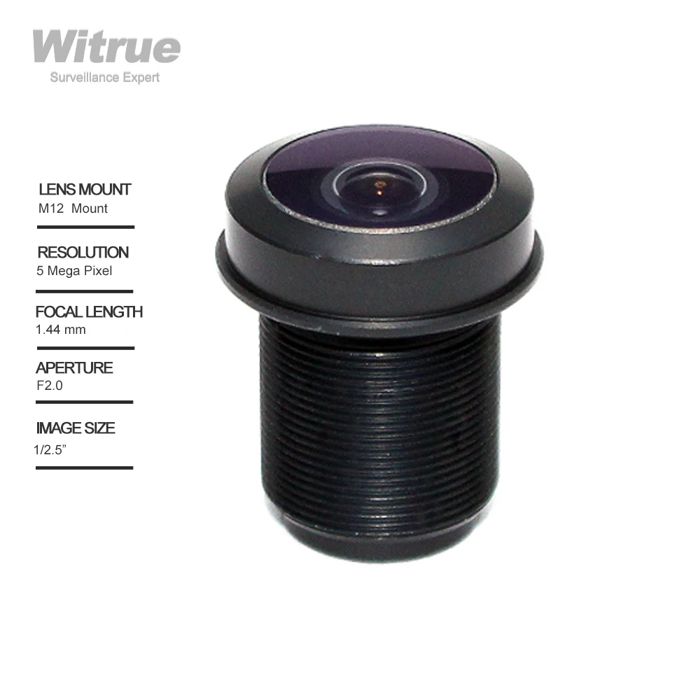 

Объектив Witrue рыбий глаз 5 мегапикселей 1,44 мм F2.0 1/2.5 "180 градусов M12 объектив для камеры безопасности