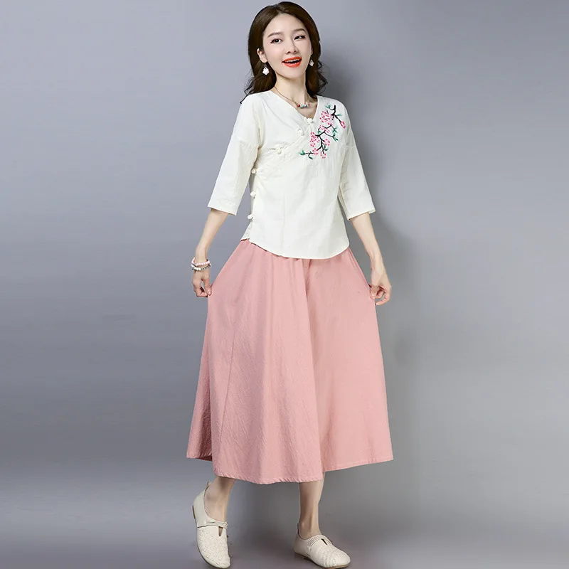 

2019 New Style Retro National Wind Literature And Art Cotton Linen Embroidered Hipster Slimming Tops + Skirt Two Pieces