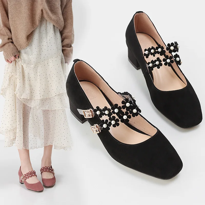 

2019 Spring New Style WOMEN'S Shoes Chunky-Heel Semi-high Heeled Square Head Lotus Pink Genuine Leather Retro Pumps Straight-lin