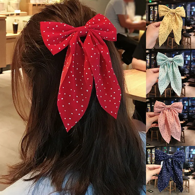 black head scarf Polka Dot Print Barrettes Long Ribbon Big Bow Hair Clip Bow Knotted Chiffon Hairpin for Women Girls Headwear Hair Accessories korean hair clips