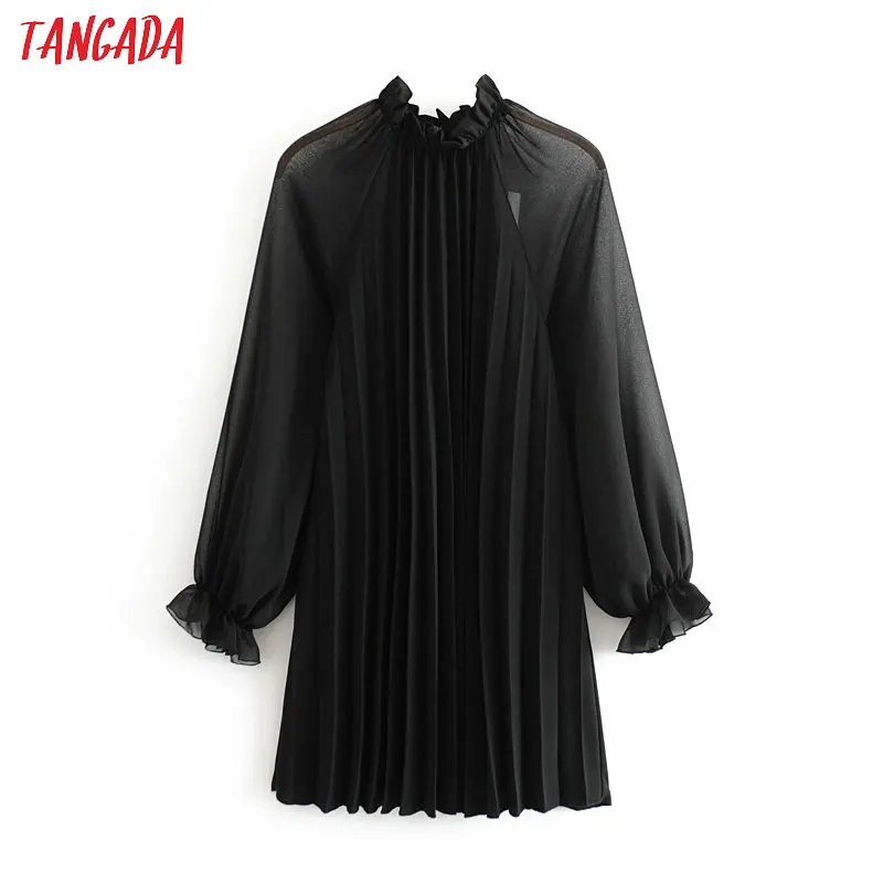 

Tangada fashion women black pleated dress ruffles neck mesh patchwork Long Sleeve Ladies Loose short Dress Vestidos 3H446