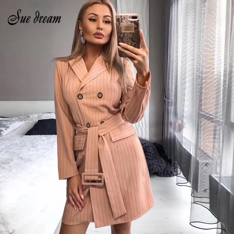 

New Fashion Elegant Striped Belt 2019 Autumn Women's Blazer Dress Office Double Breasted Bodycon Club Party Dress