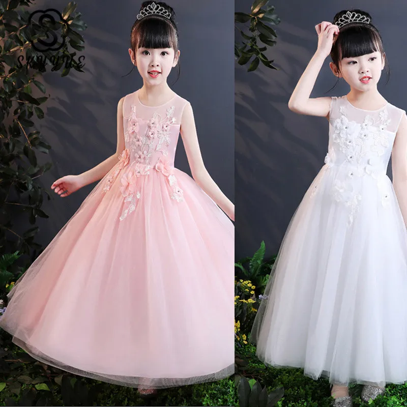 

Skyyue Flower Girl Dress for Wedding White Lace Embroid Applique Tulle Ball Gown Kid Party Communion Dress Long 2019 CK2801