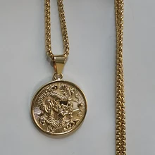 На удачу, дракон кулон ожерелье для женщин мужчин ювелирные изделия зодиака золотистый цвет, Круглый Китайский "фу" blessding Colar DropshippXL1675S