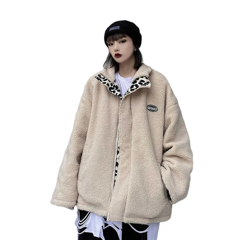 

Leopard Print Women Fleece Jackets Motorcycle Jacket Faux Lamb Fur Kawaii Coat Teddy Fur Coat Fleece Parkas Cropped Stripeed