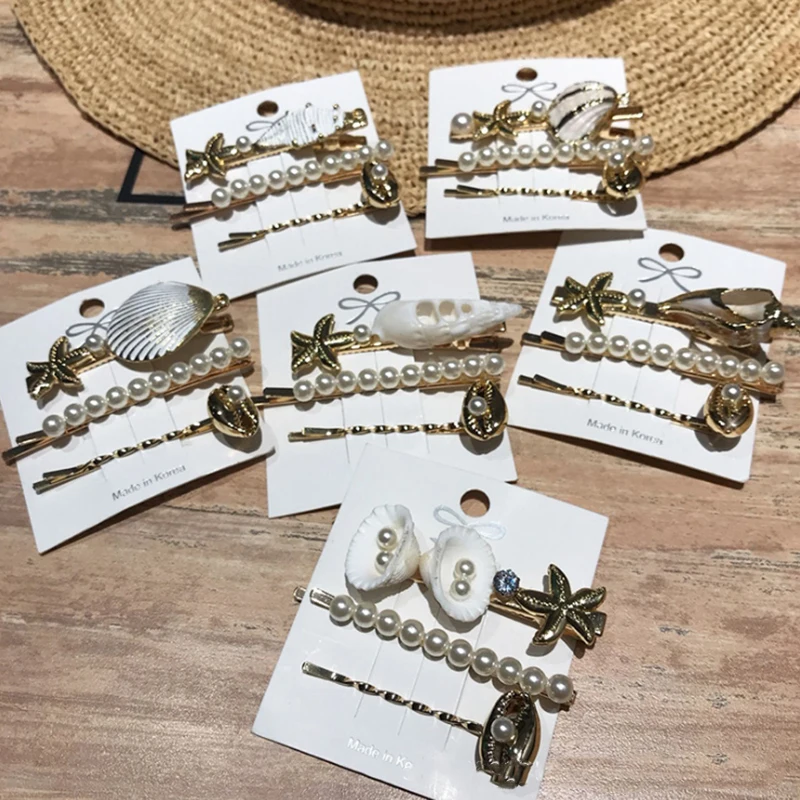 

3Pcs/Set Beach Style Women Metal Star Shell Conch Starfish Side Hairclip Minimalist Imitation Pearl Jewelry Accessory