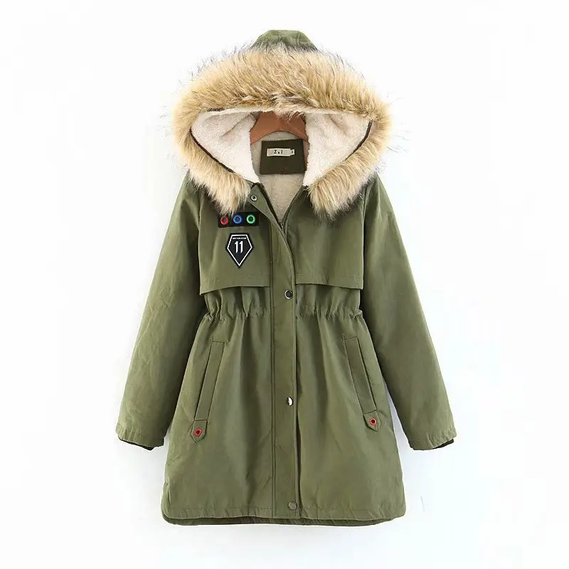 

Slimming Large Size Thick Winter Fur Collar Hooded Waist Hugging Printed Labeling Versatile Coat Cotton-padded Clothes Women's 0