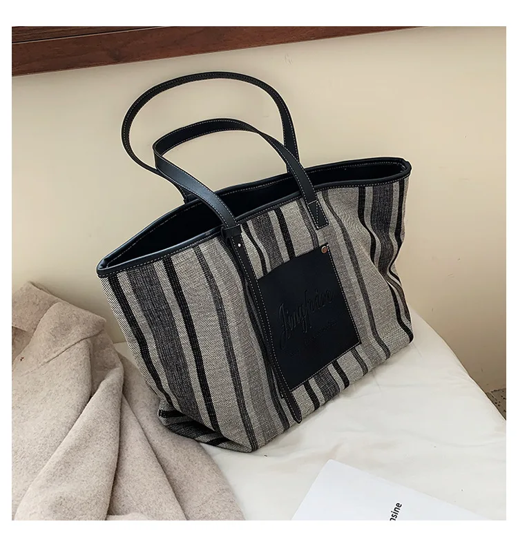 Black White Blue Stripe Handbag 2019 Extra Large Canvas Tote Bags for Women Canvas Bucket Shopper Shoulder Bag Ladies Office Bag (10)
