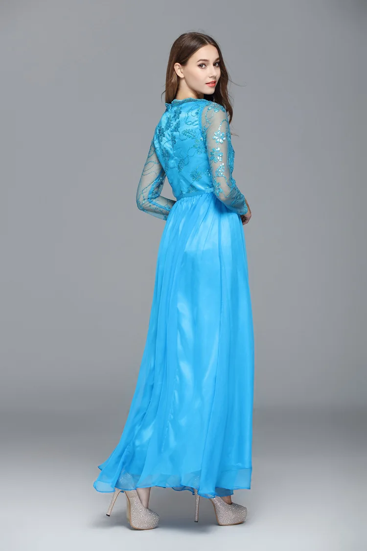 Cross Border for CK585 Spring New Style Long Sleeve Embroidery Gauze Long Banquet Party Fashion Evening Dress Bridesmaid