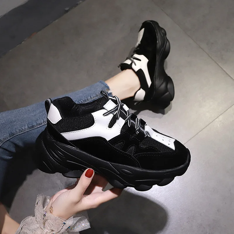 

2019 Spring Autumn Knitting Breathable Shoes Shallow Chunky Platform Sneakers Women Vulcanized Shoes Summer Tape Sneaker