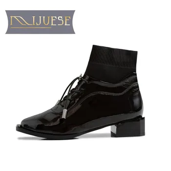 

MLJUESE 2021 women Ankle boots Cow leather winter short plush Pointed Toe knitted Lace-Up Med heels female boots size 43