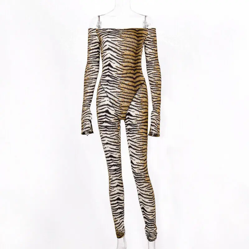 Sexy Women Off Shoulder Bodycon Jumpsuit Clubwear Tigrina Leopard Printed Party Casual Long Jumpsuit Trouser - Цвет: Tigrina
