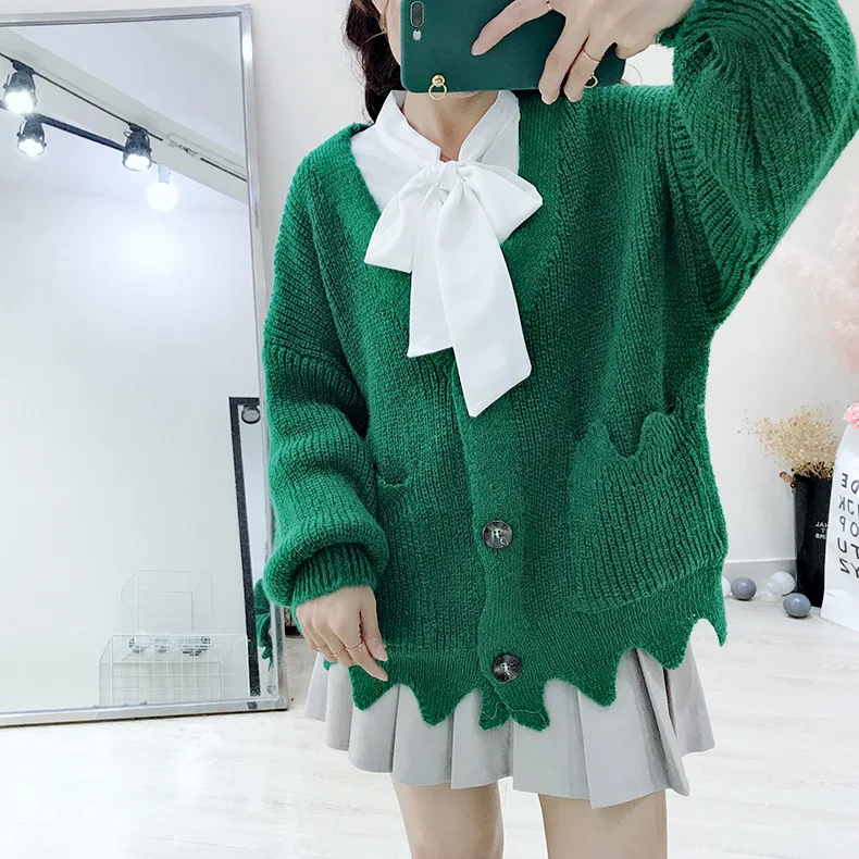 Womens Casual V Neck Oversized Knit Cardigan Sweater With Pockets Ladies Loose Jumpers Outwear Autumn Winter Pull Femme Q9311