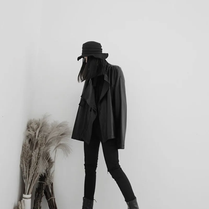 lower price  [EAM] Loose Fit Big Size Asymmetrical Pu Leather Jacket New Lapel Long Sleeve Women Coat Fashion Au