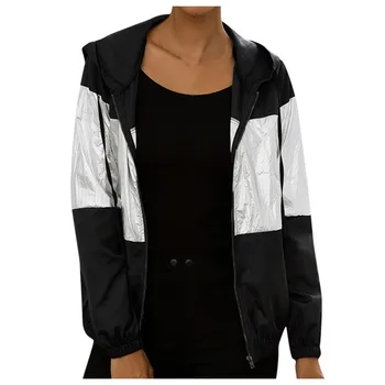 

Sportswear Women's Windproof Hooded Jacket Fashion Contrast Color Long Sleeve Zipper Ladies Contrast Color Rainproof Jacket
