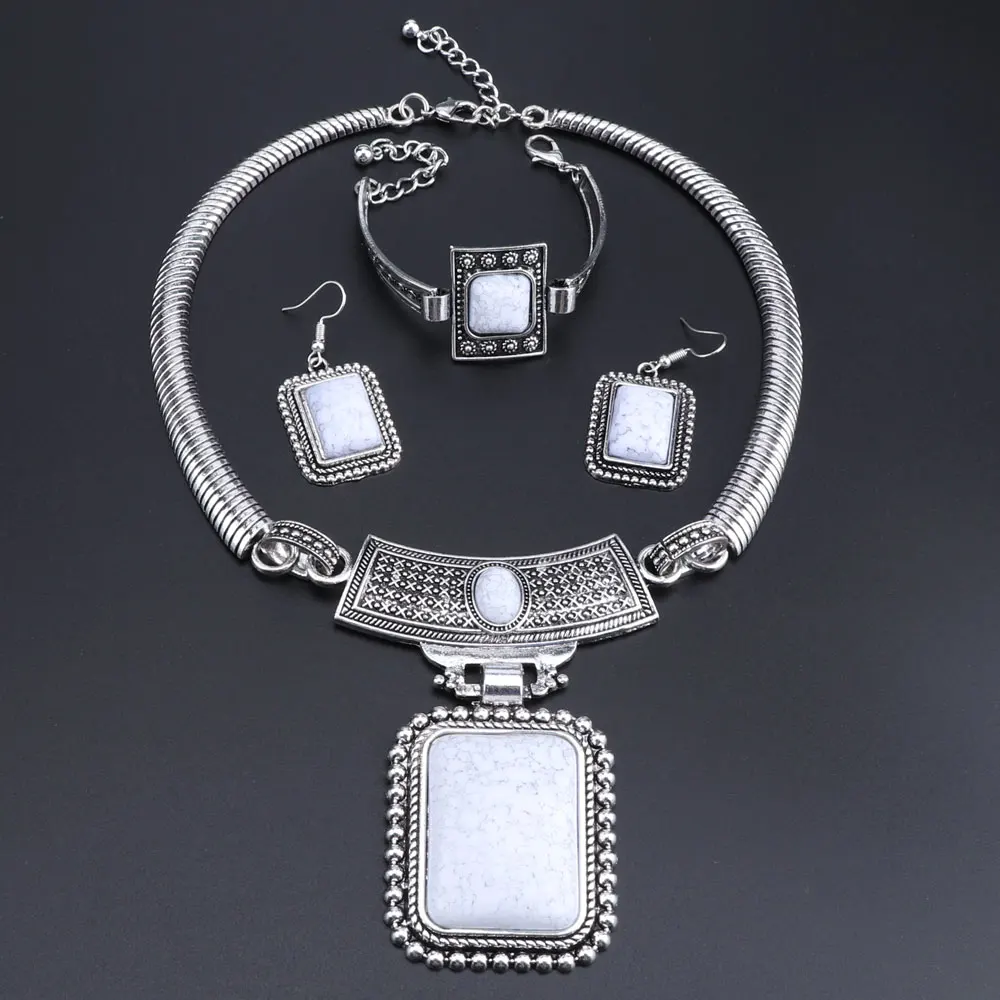 Модный комплект ювелирных изделий прямоугольник Ретро национальное ожерелье серьги браслет наборы кристалл ожерелье кулон женские элегантные