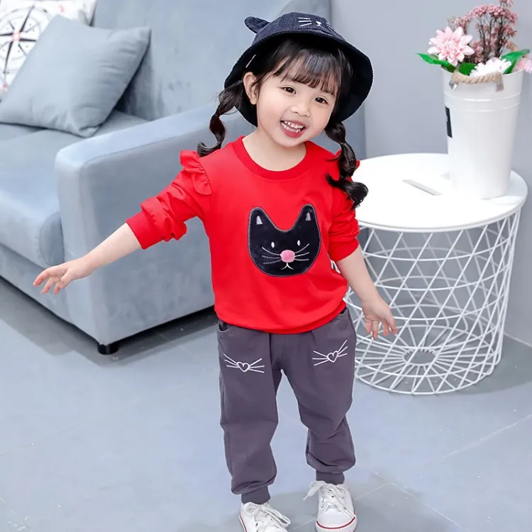 

2018 Childrenswear Spring Clothing on Trending Medium-small Girls Can Open Files Two-Piece Set Girls Cute Cat Set