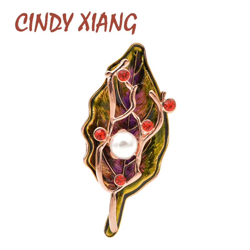 

CINDY XIANG Colorful Enamel Leaf Brooch For Women Rhinestone Brooch Pin Winter Coat Accessories Luxury Jewelry Pearl Pin Gift