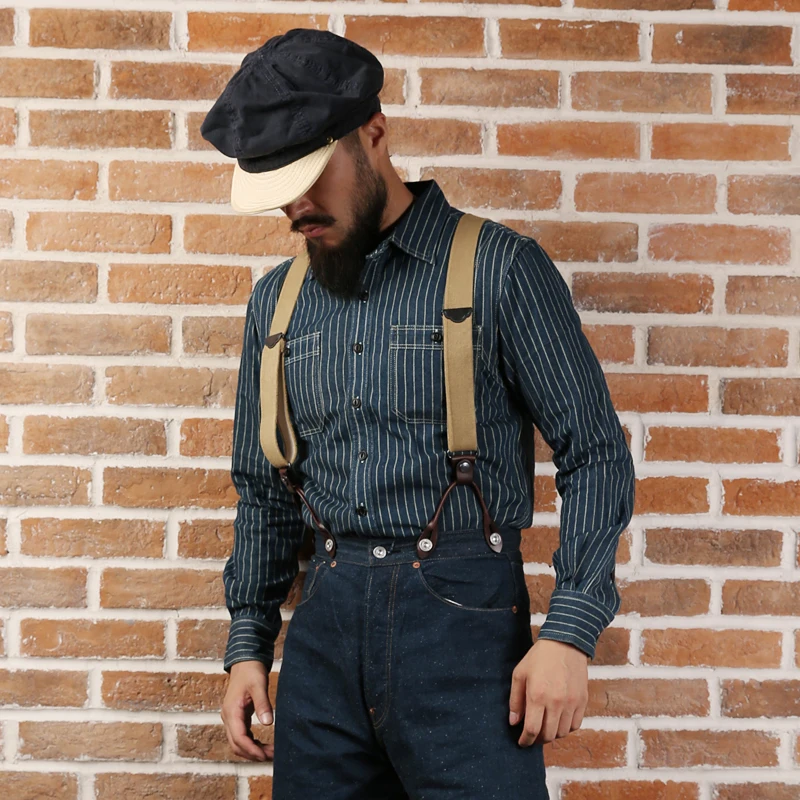 Non Stock Wabash Stripe Work Shirt Vintage Denim Vent Hole WorkShirts For Men