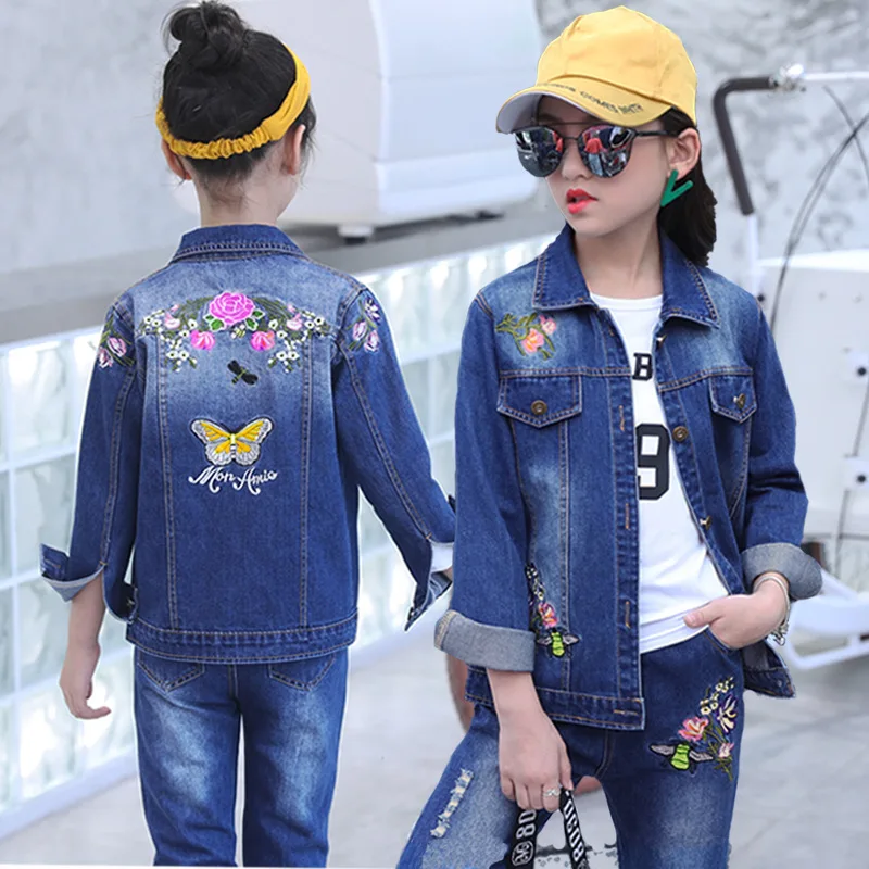 2 Pieces Girl Jeans Suits Set Floral Embroidered Design Kids Spring Denim Jacket Clothing Girl Outfit Set