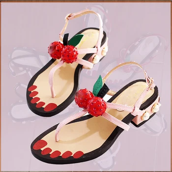 

Luxury Pearl Studded Beach Flat Sandals for Woman Runway Sandals Women Cherry Sandals Women T-Strap Flat Heels Women Shoes