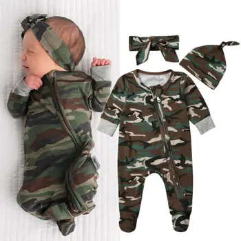 

Newborn Baby Boy Girl Kids Winter Warm Clothes Army Green Camo Zipper Romper Toddlers Playsuit+Headband+Hat 3pcs set