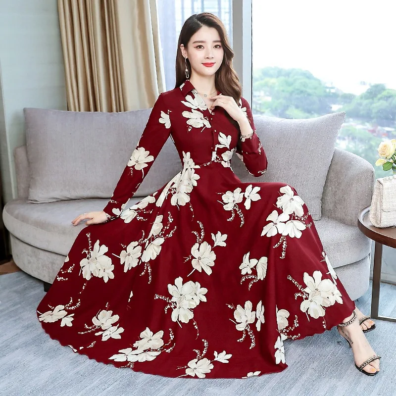 Vestidos Vetement Femme осеннее женское шифоновое красное платье с длинным рукавом и цветочным принтом Roupa Feminina осенние платья для женщин