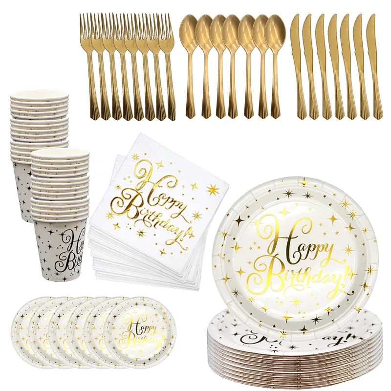 Gold Foil Happy Birthday Theme Party Decoration Paper Cup Plate Tissue Tablecloth Straw Baby Shower Kids Supplies | Дом и сад