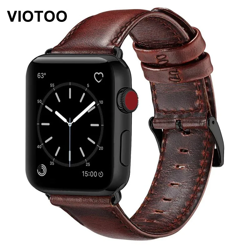

Red Brown Genuine Leather strap For Apple Watch Band 42 mm 44 mm Viotoo Fashion Men WatchStrap Band For iWatch Watchband