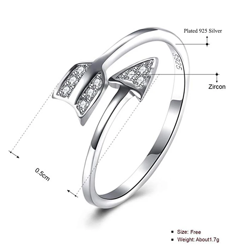Qevila Fashion 925 Silver Rings Arrow Crystal 925 Sterling Silver Ring Adjustable Wedding Silver 925 Ring for Women Jewelry Gift (2)